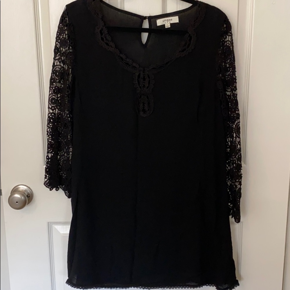 Black crocheted 3/4 length sleeve dress